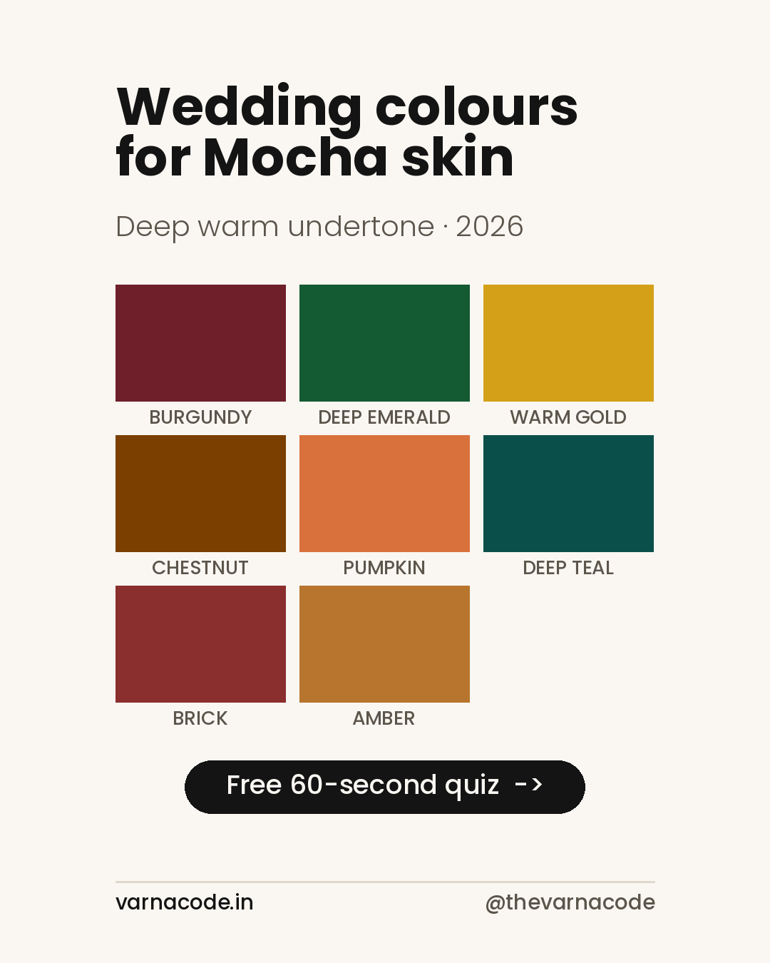 Wedding colours for Mocha skin tone — burgundy, deep emerald, warm gold, chestnut, pumpkin, deep teal, brick and amber